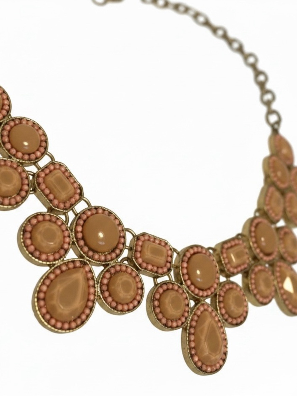 Peach Tan Statement Bib Necklace Gold Tone Faux Stone Beaded Adjustable 21” - Picture 6 of 11